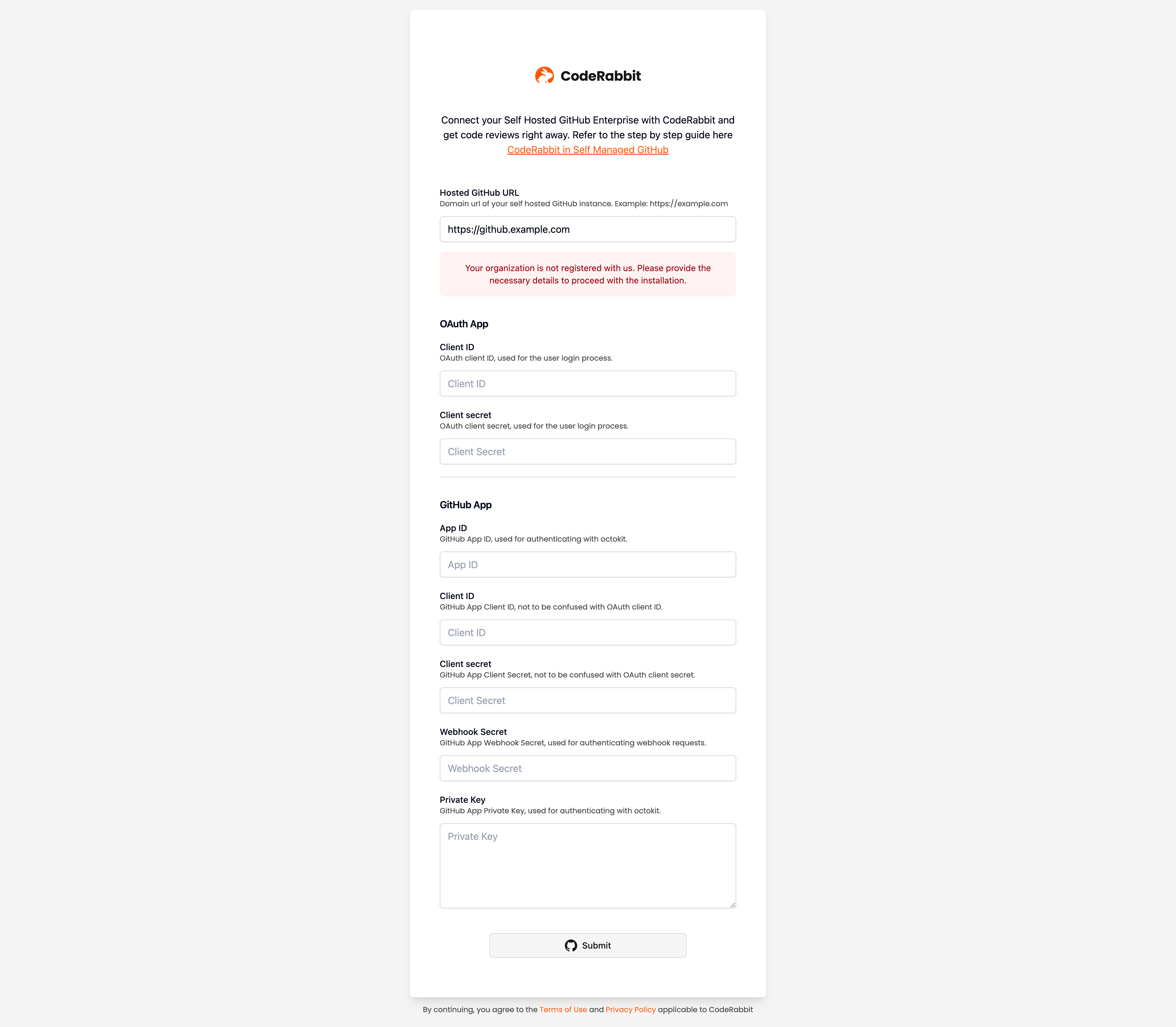 Self-hosted gitHub enterprise connection page for CodeRabbit